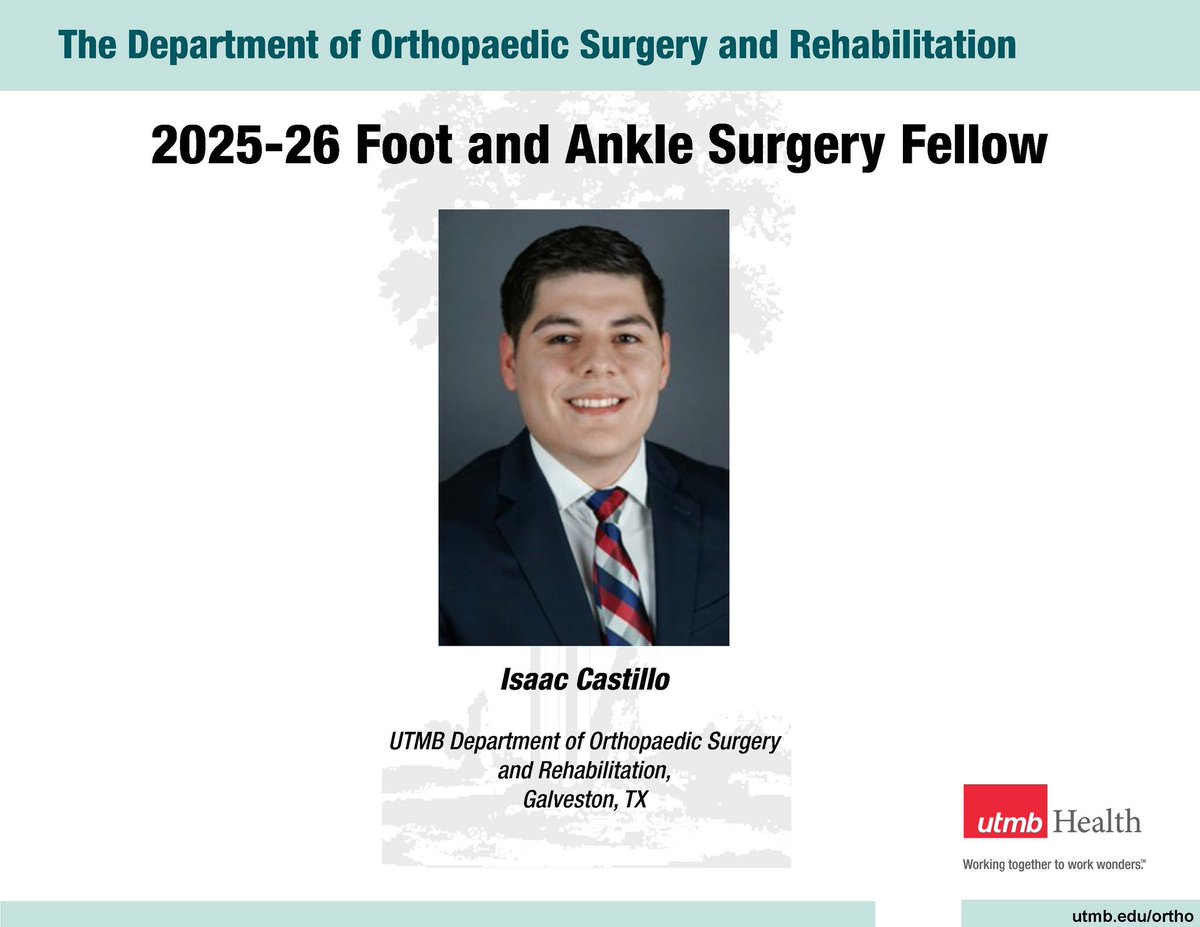 UTMB Orthopaedics (@utmbortho) on Twitter photo We would like to extend our congratulations to our Chief, Dr. Isaac Castillo, on securing a fellowship with UTMB’s Orthopaedic Foot & Ankle Fellowship, commencing in July!!!#utmbortho #utmbfam We would like to extend our congratulations to our Chief, Dr. Isaac Castillo, on securing a fellowship with UTMB’s Orthopaedic Foot & Ankle Fellowship, commencing in July!!!#utmbortho #utmbfam