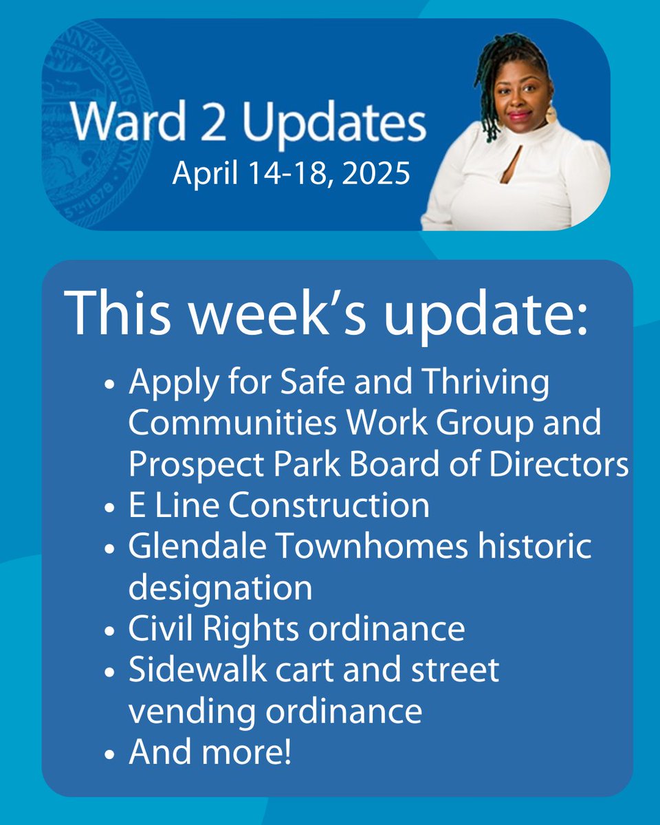 Ward 2 Updates April 14-18:

➡️Apply for Safe &amp; Thriving Communities Work Group and Prospect Park Board of Directors
➡️E Line Construction
➡️Glendale Townhomes historic designation
➡️Civil Rights ordinance
➡️Street vending ordinance

Read more➡️ content.govdelivery.com/bulletins/gd/M…