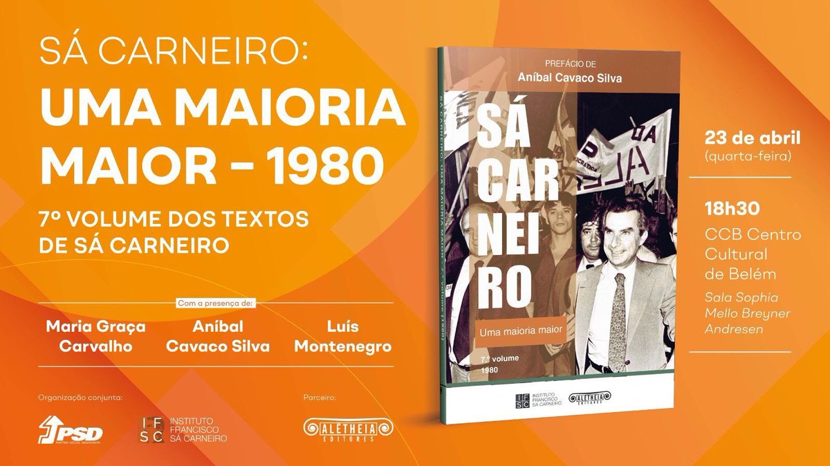 O lançamento do 7° volume Textos  de Francisco Sá Carneiro, com Prefácio do Prof Cavaco Silva terá lugar no próximo dia 23 de abril, no CCB - sala Sofia Mello Breyner, pelas 18h30 com a presença de <a href="/LMontenegro_PT/">Luís Montenegro</a> Prof. Cavaco Silva e <a href="/mgracacarvalho/">Maria Graça Carvalho</a> 
<a href="/ppdpsd/">PSD</a>