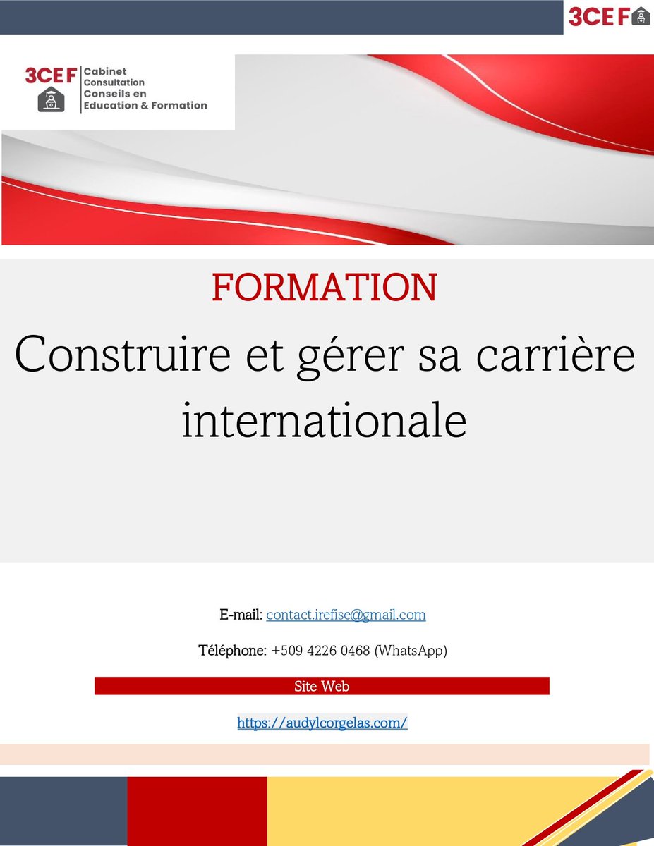 Cher réseau,

Donnez un nouvel élan à votre carrière avec la formation *« Construire et gérer sa carrière internationale » du Cabinet 3CEF* ! 

*Inscription ici avant le 20 mai 2025*: docs.google.com/forms/d/e/1FAI…

Secrétaire du Cabinet 3CEF
À très vite !