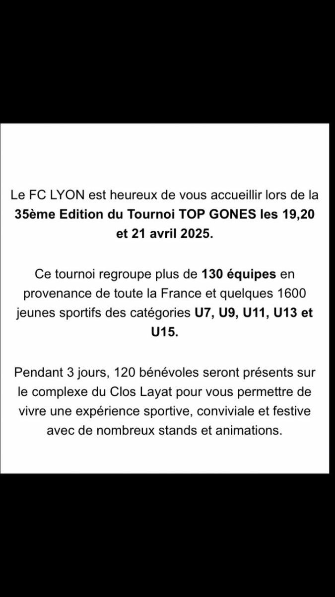 FCLyonOfficiel's tweet photo. 📢tournoi de Pâques 🥁🎺
#FCLyon 🔴⚪️
#35eTOPGONES ⚽️
#ClosLayât #football #animations https://t.co/0yN7WFNFwy