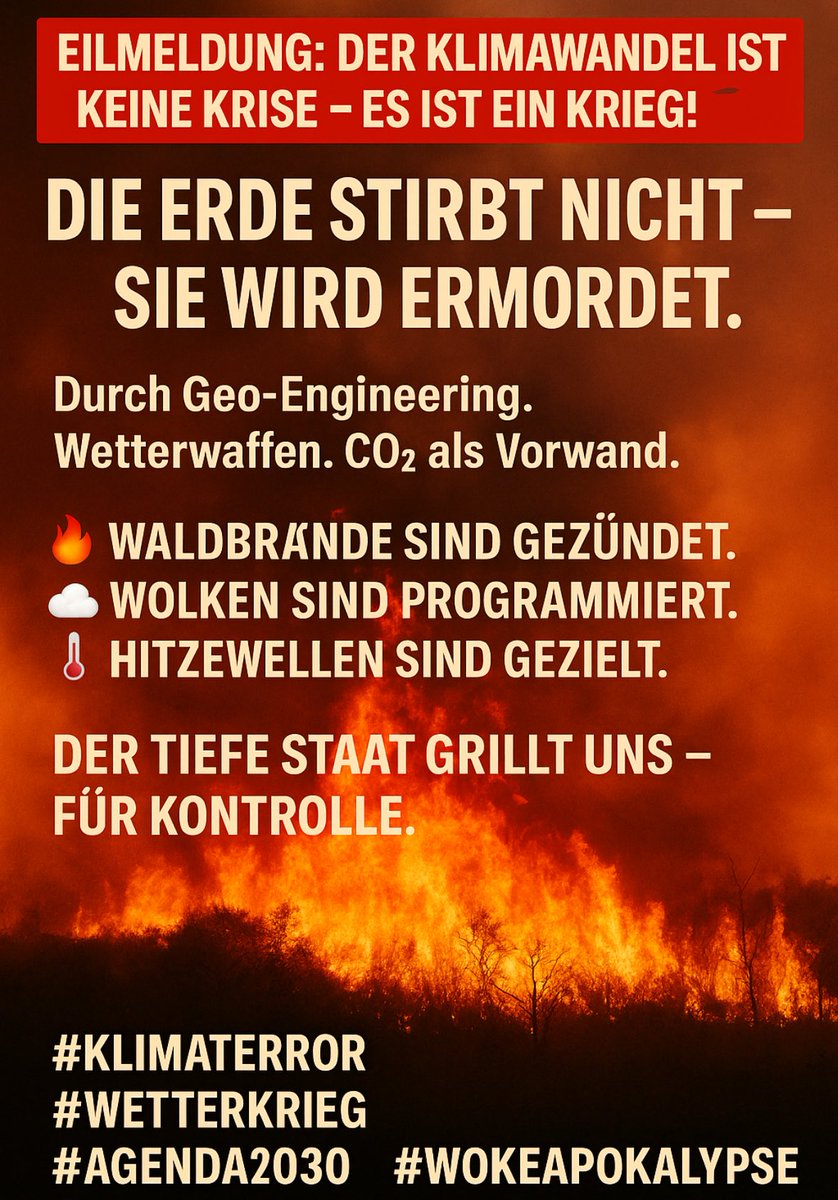 EILMELDUNG: DER KLIMAWANDEL IST KEINE KRISE!

Die Erde WIRD ERMORDET.
Durch Geo-Engineering. Wetterwaffen. CO2 als Vorwand.
🔥 Waldbrände sind gezündet.
☁️ Wolken sind programmiert.
🌡️ Hitzewellen sind gezielt.

Der Staat grillt uns – für Kontrolle.
#KlimaTerror #Wetterkrieg