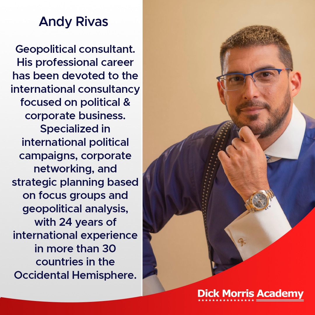 ¡Andy Rivas en la Academia Digital Dick Morris!

El profesor Andy Rivas es consultor geopolítico. Su carrera profesional ha estado dedicada a la consultoría internacional enfocada en negocios políticos y corporativos.