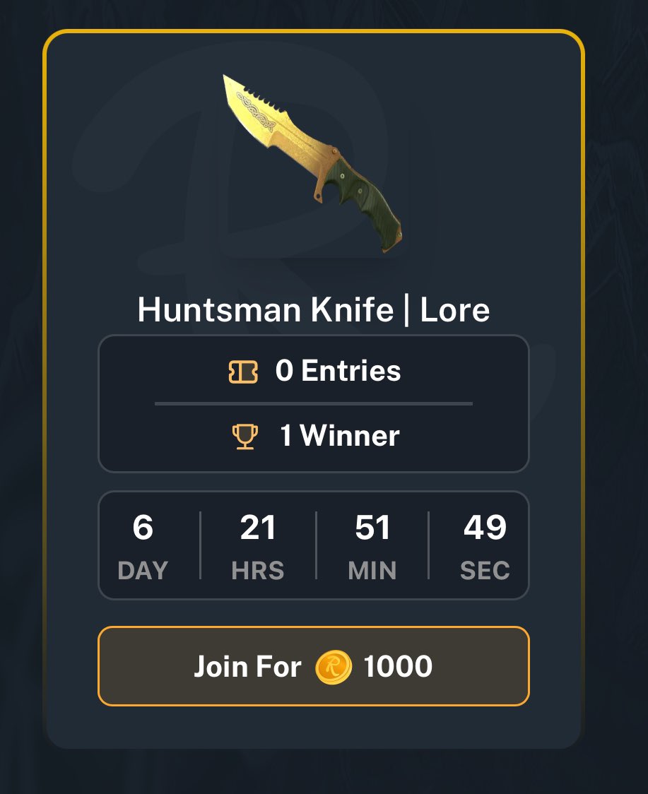 Huntsman Knife | Lore (Field-Tested) Raffle is up! If you have been watching streams &amp; linked your account you can use your points to join, up to 3 entries!

rollward.com/raffle/1

First of many