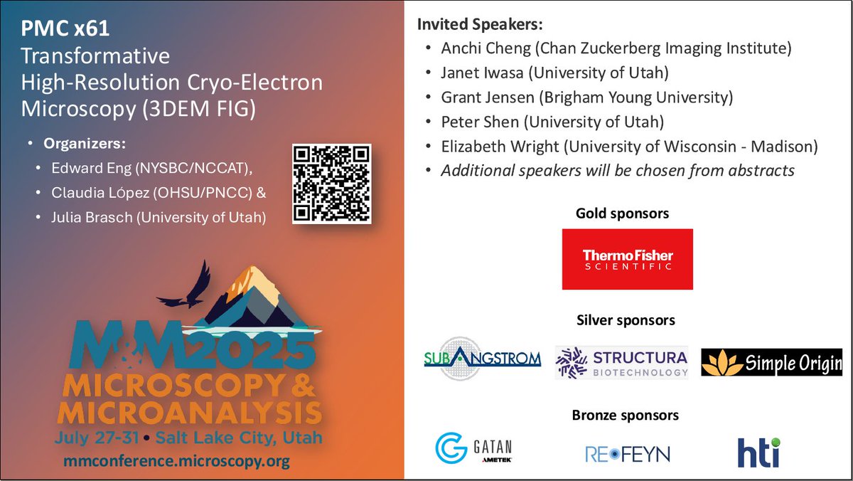 CryoEM_PNCC's tweet image. The PNCC team is pleased to invite you to the &apos;Transformative High-Resolution Cryo-Electron Microscopy Pre-meeting Congress (PMCx61)&apos; which will take place on Sunday, July 27, 2025, in Salt Lake City, UT, in conjunction with the Microscopy &amp;amp; Microanalysis 2025 Meeting.
#cryoEM