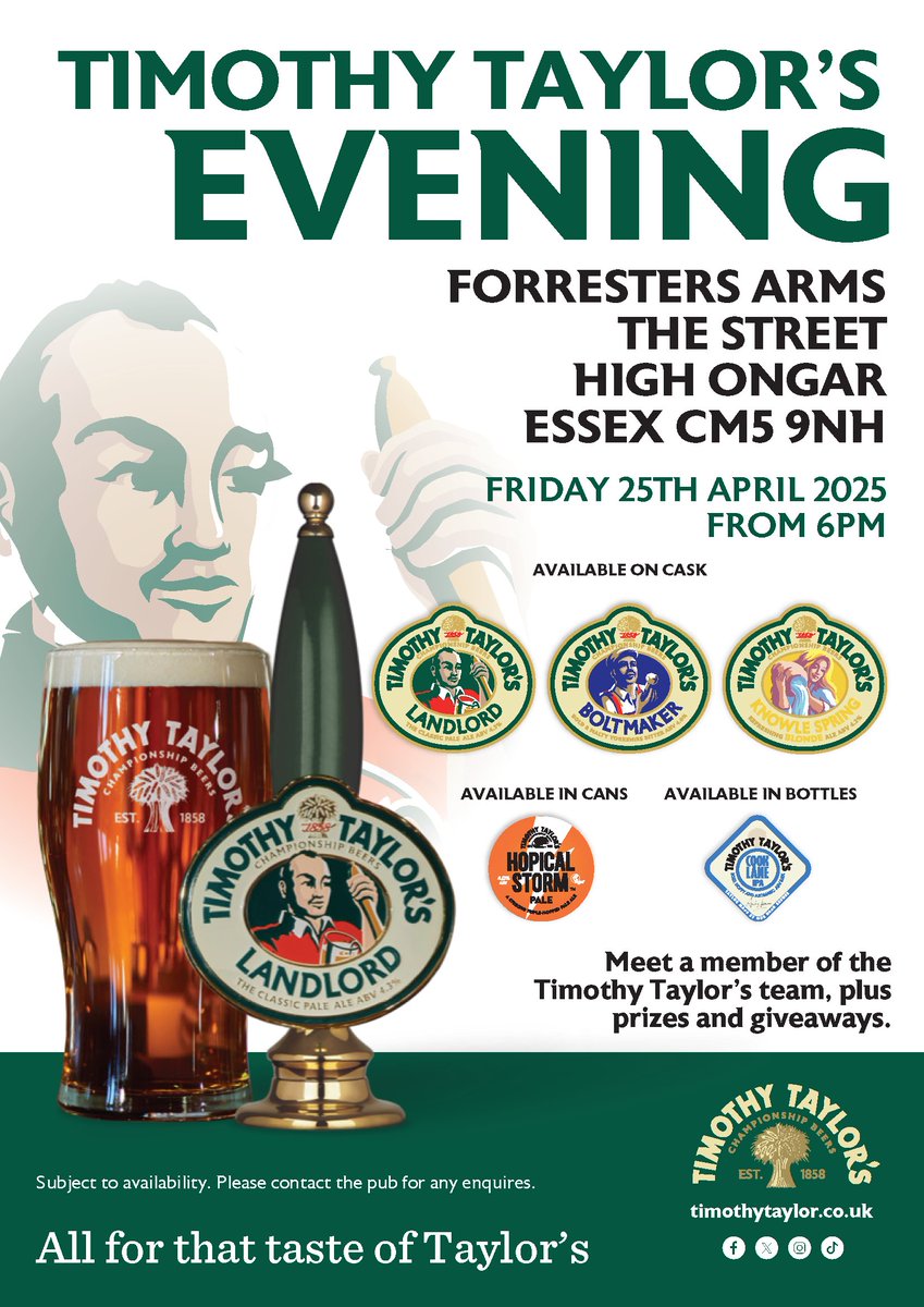 📍 Forresters Arms, High Ongar, CM5 9NH
📅 Friday 25th April 2025
🍺 Landlord, Boltmaker and Knowle Spring on cask. Hopical Storm in cans and Cook Lane in bottles.