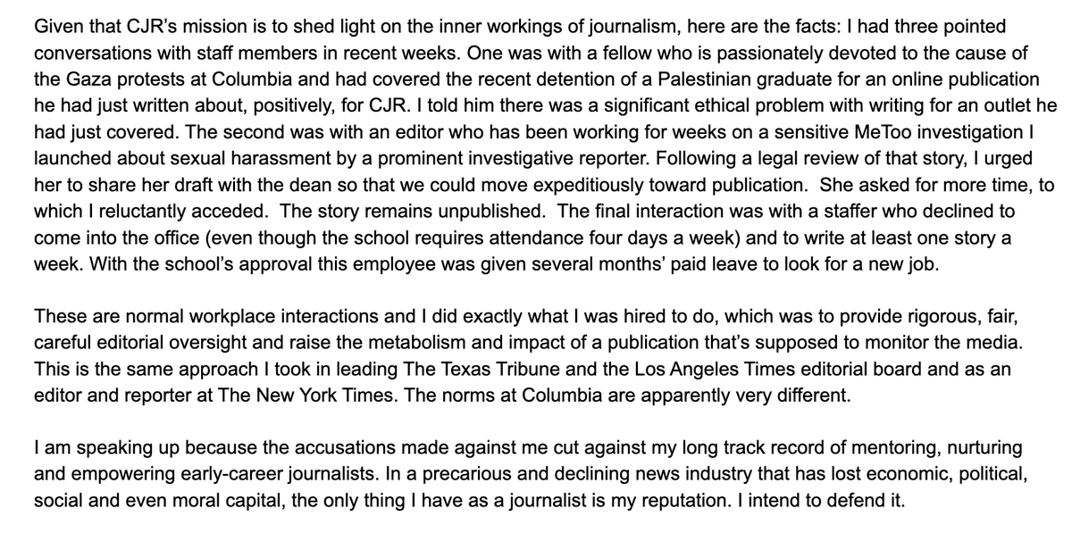 katie_robertson's tweet photo. In a statement, former CJR editor Sewell Chan says his firing was "hasty, ill-considered and quite frankly baffling" and defends his reputation and "long track record of mentoring, nurturing and empowering early-career journalists" https://t.co/DaR2Ze7Kw1