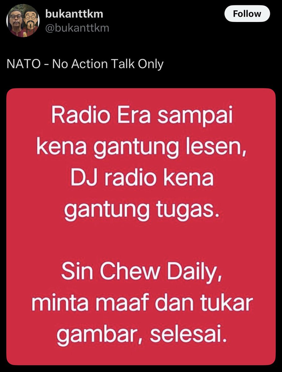 Ramai dok share naratif ni. Laju hangpa spin eh?

1. Bila masa ERAfm kena gantung lesen? Memandai je reka cerita.

2. DJ kena gantung tugas tu adalah keputusan syarikat, bukan kerajaan suruh. Kakitangan Sin Chew Daily yang terlibat pun digantung tugas oleh media berkenaan. Ketua
