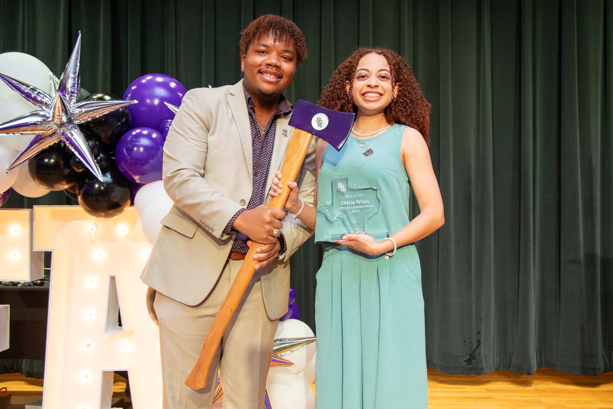 SFASU's tweet photo. It’s #SFASpiritFriday, and we’re feeling extra proud! Help us celebrate the 2025 Best of SFA award recipients: Garrett Bates, Kate Middleton, Kently Northcutt and Olivia Wintz. 💜🤍🎉

We’re so lucky to have these amazing Jacks in our SFA family! 🪓🌲✨ #AxeEm #BestOfSFA #SFAStudentSpotlight