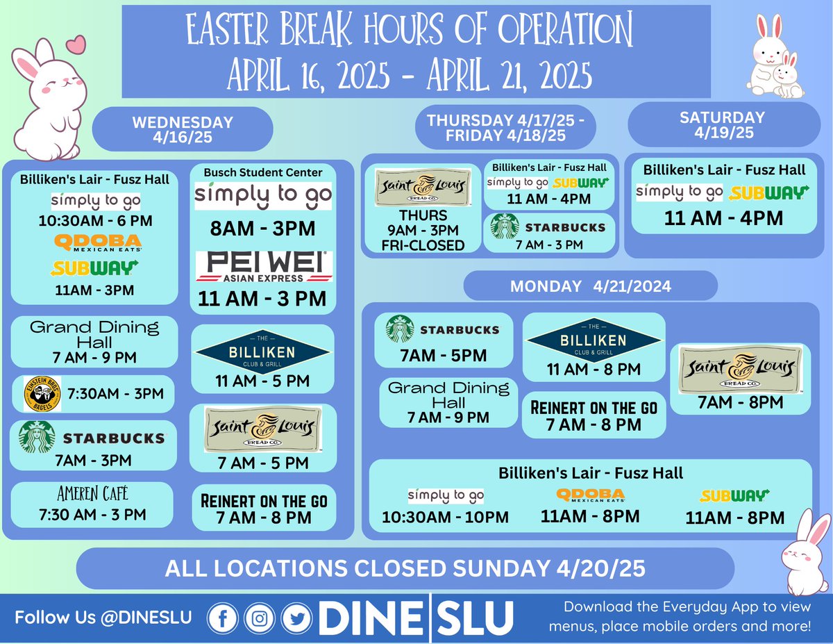 Happy Easter Break! Here are the Hours of Operation.