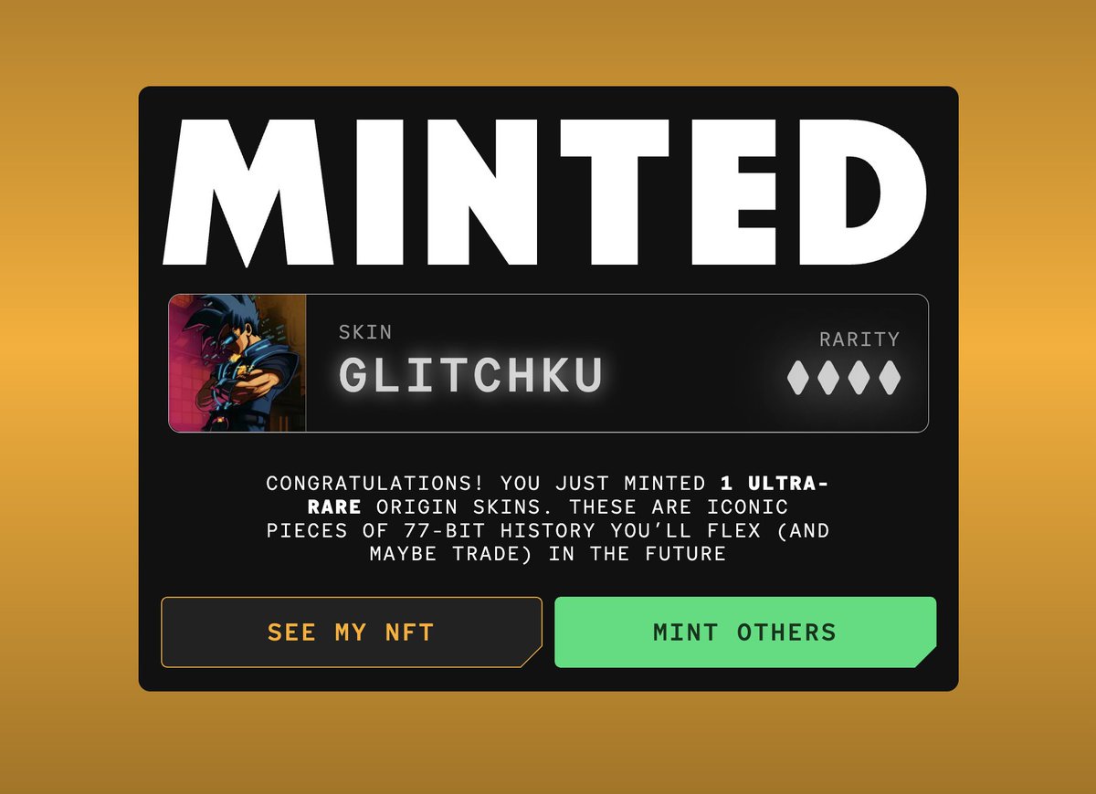 sipfate's tweet photo. 77-Bit Origin skins are live and free to mint for Battle Pass holders (2x), and Beta Players (1x) now! You can also mint more at 0.005E each.

https://t.co/zXSBtKxKVx

Excited to get my Glitchku NFT skin with 4% Rarity!
@the77bit https://t.co/T1iGjdhKtU