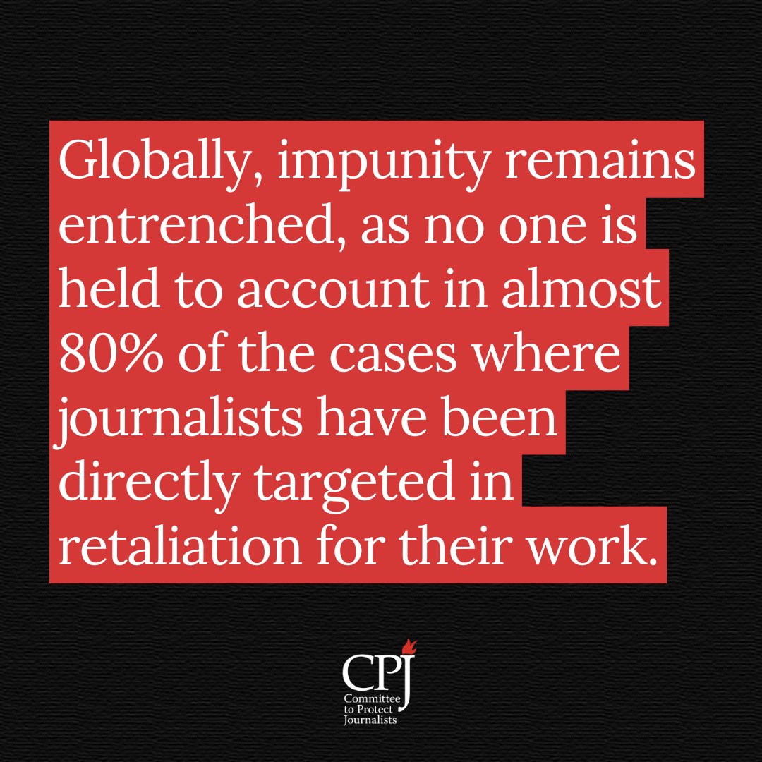 ⚡️Globally, impunity remains entrenched, as no one is held to account in almost 80% of the cases where journalists have been directly targeted in retaliation for their work.

Read CPJ’s 2024 #ImpunityIndex: cpj.org/thematic-repor…

#EndImpunity