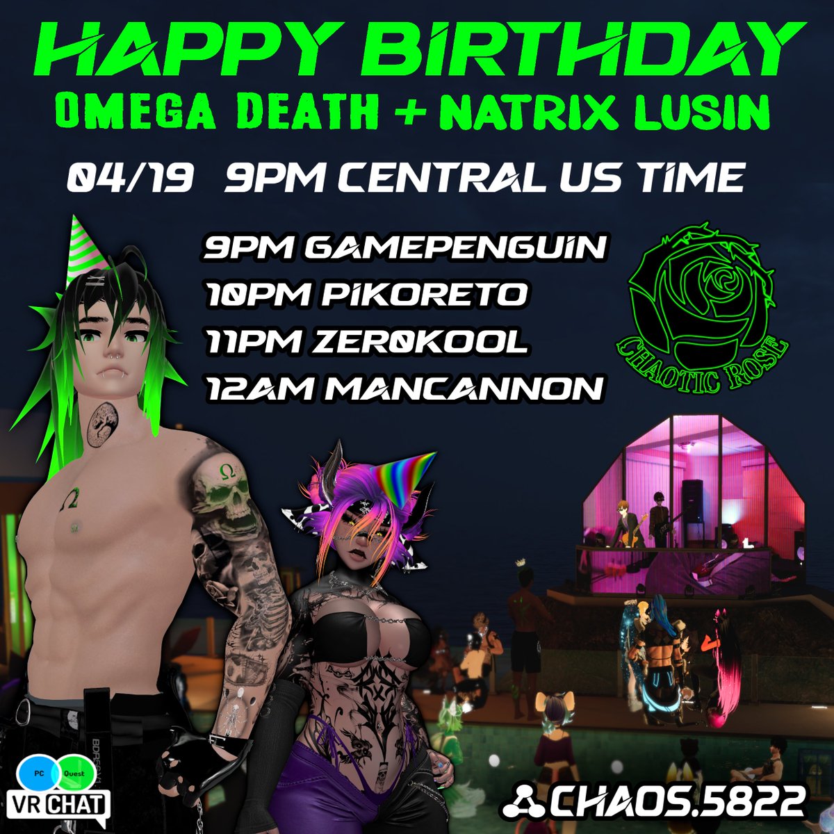 ChaoticRoseVR (@chaoticrosevr) on Twitter photo Join us tomorrow night for a double birthday bash! Group Instance: vrc.group/CHAOS.5822
HAPPY BIRTHDAY OMEGA AND NATRIX!
<a href="/mancannon2010/">Mancannon2010</a>
<a href="/gamepenguin21/">gamepenguin21</a>
<a href="/theprozonelayer/">TheProzonelayer</a>
<a href="/PikoretoX/">Pikoreto</a> Join us tomorrow night for a double birthday bash! Group Instance: vrc.group/CHAOS.5822
HAPPY BIRTHDAY OMEGA AND NATRIX!
<a href="/mancannon2010/">Mancannon2010</a>
<a href="/gamepenguin21/">gamepenguin21</a>
<a href="/theprozonelayer/">TheProzonelayer</a>
<a href="/PikoretoX/">Pikoreto</a>