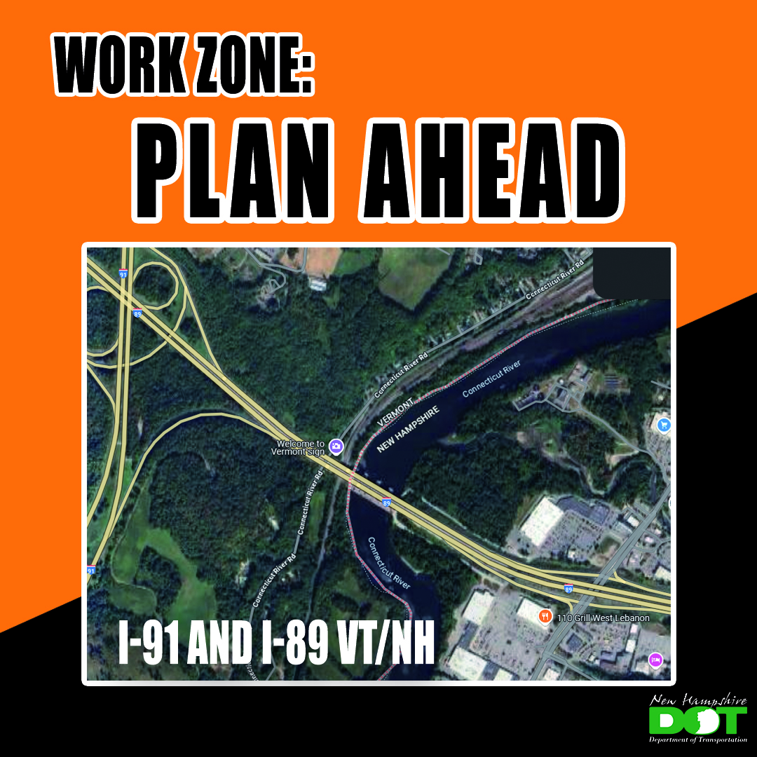 NewHampshireDOT's tweet photo. π§ TRAFFIC ALERT: I-89 Northbound in VT & NH. Construction starts April 21. Expect lane closures & delays. Sign up for updates: https://t.co/65EPgskZZ7 #TrafficAlert #I89 #NHDOT https://t.co/X0YicnfD35