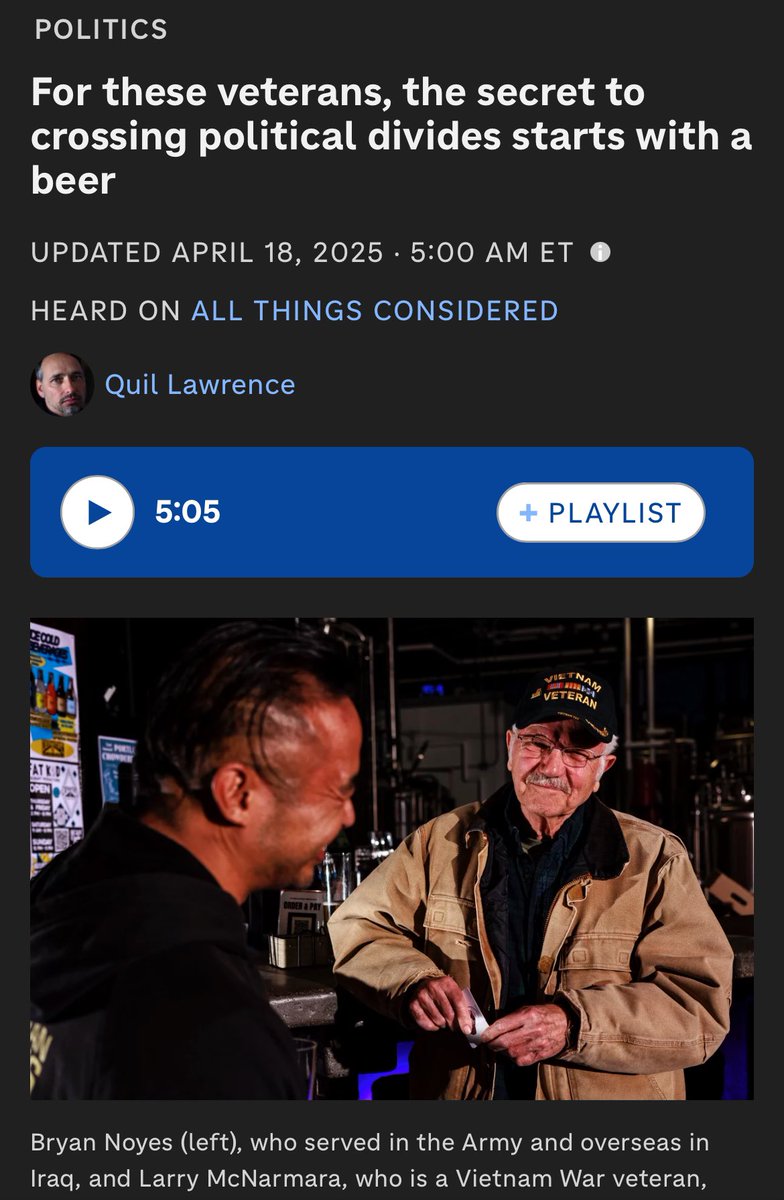 I feel personally attacked by this article. Apparently you can only talk about politics if you are a vet while you are drinking beer.

npr.org/2025/04/16/nx-…