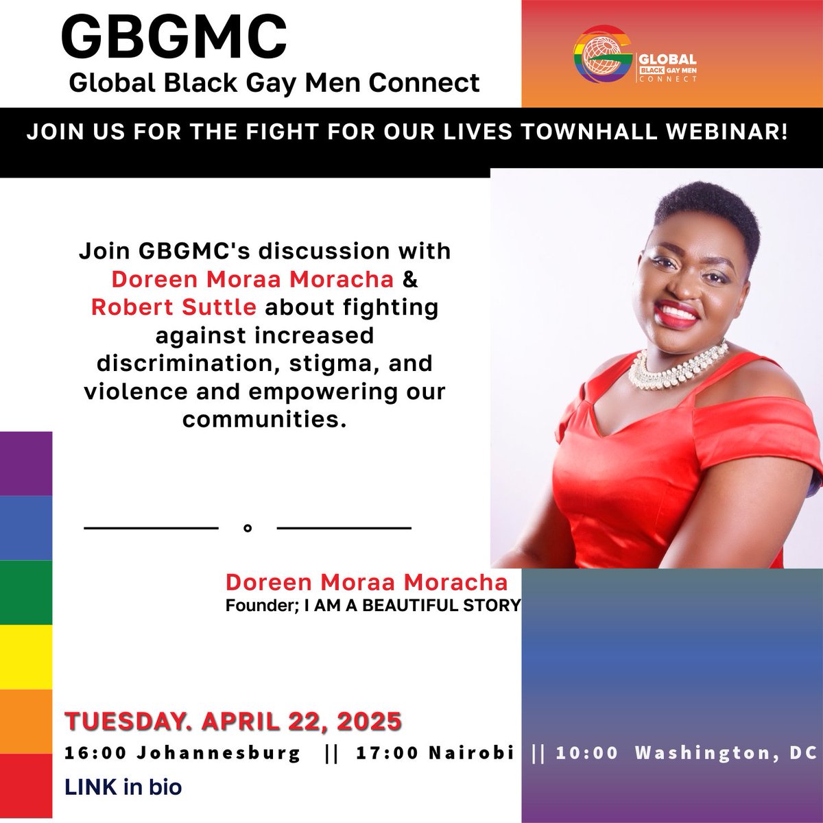Global Black Gay Men Connect (@gbgmc_int) on Twitter photo We're proud to feature <a href="/suttlepoints/">Robert Suttle</a> & <a href="/D_Moraa/">Doreenšāļø</a> in a powerful conversation about fighting criminalization!
Stigma & discriminatory policies are on the rise. We're learning how to resist them before they hit us.
When: April 22, 10 AM (EST)
Register here: us06web.zoom.us/webinar/regist⦠We're proud to feature <a href="/suttlepoints/">Robert Suttle</a> & <a href="/D_Moraa/">Doreenšāļø</a> in a powerful conversation about fighting criminalization!
Stigma & discriminatory policies are on the rise. We're learning how to resist them before they hit us.
When: April 22, 10 AM (EST)
Register here: us06web.zoom.us/webinar/registā¦