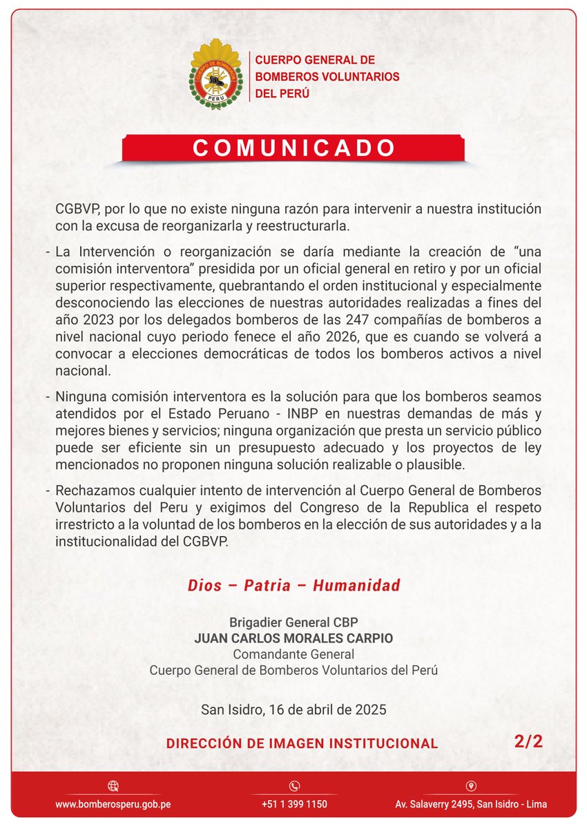 IBomberos's tweet photo. 𝗖𝗼𝗺𝘂𝗻𝗶𝗰𝗮𝗱𝗼 𝗢𝗳𝗶𝗰𝗶𝗮𝗹 𝗱𝗲𝗹 𝗖𝗚𝗕𝗩𝗣 
Desde el Cuerpo General de Bomberos Voluntarios del Perú rechazamos categóricamente los proyectos de ley que amenazan la autonomía de nuestra institución. 
Nuestro compromiso con el Perú sigue firme: Dios, Patria, Humanidad. https://t.co/vFTqlxkGP5