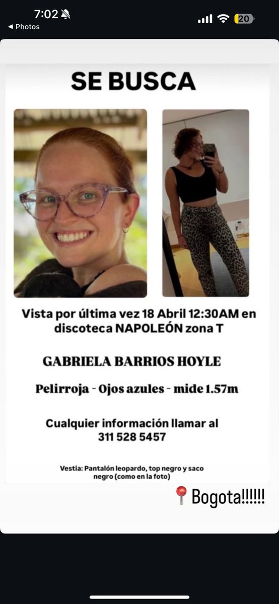 🚨 Se busca. La joven peruana Gabriela Barrios está desaparecida desde anoche en Bogotá, Colombia. Si tienen información comunicarse con ese número de celular de Colombia. +57 3115285457
