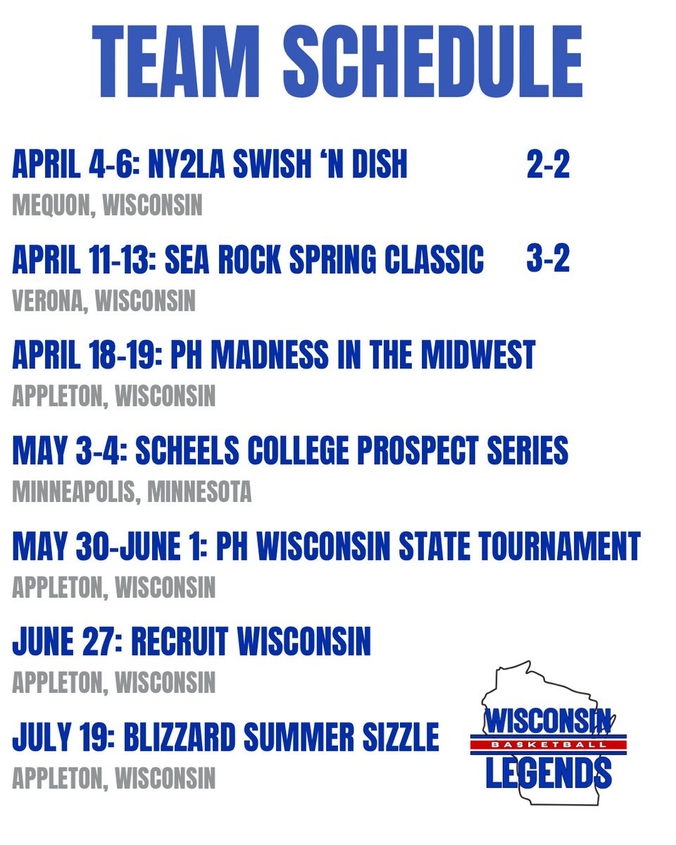 Wisconsin Legends 15u National (2028) (@wilegends2028) on Twitter photo Roster and schedule for the remainder of the season:
Big weekend starting tonight at 8:55 p.m. at the <a href="/PrepHoops_WI/">Prep Hoops Wisconsin</a> Madness in the Midwest. Roster and schedule for the remainder of the season:
Big weekend starting tonight at 8:55 p.m. at the <a href="/PrepHoops_WI/">Prep Hoops Wisconsin</a> Madness in the Midwest.