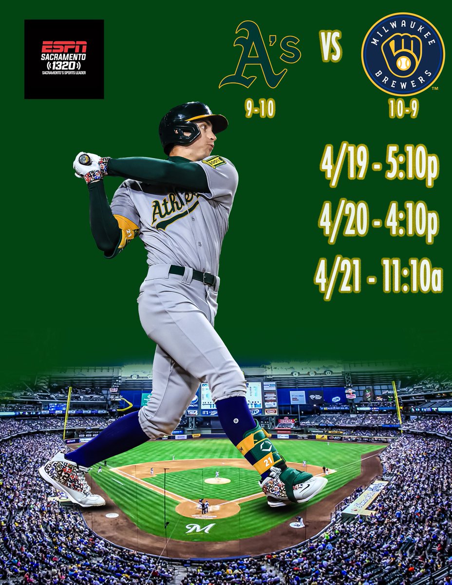 ESPN1320's tweet photo. The A’s have won 4 of their last 5 and are coming off a sweep of the White Sox. They head to Milwaukee for an Easter weekend series against the Brewers. #LetsGoAs https://t.co/uQRIFgBvJd