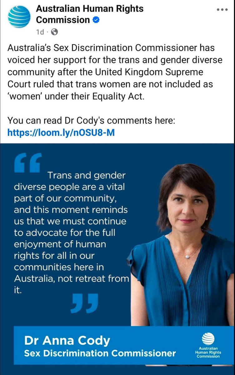 This is the level of institutional capture lin Australia. The SEX discrimination commissioner is on the side of gender identity, thereby encouraging the destruction of women’s sex based rights that were once enshrined in the SEX discrimination act, of which she is the custodian.