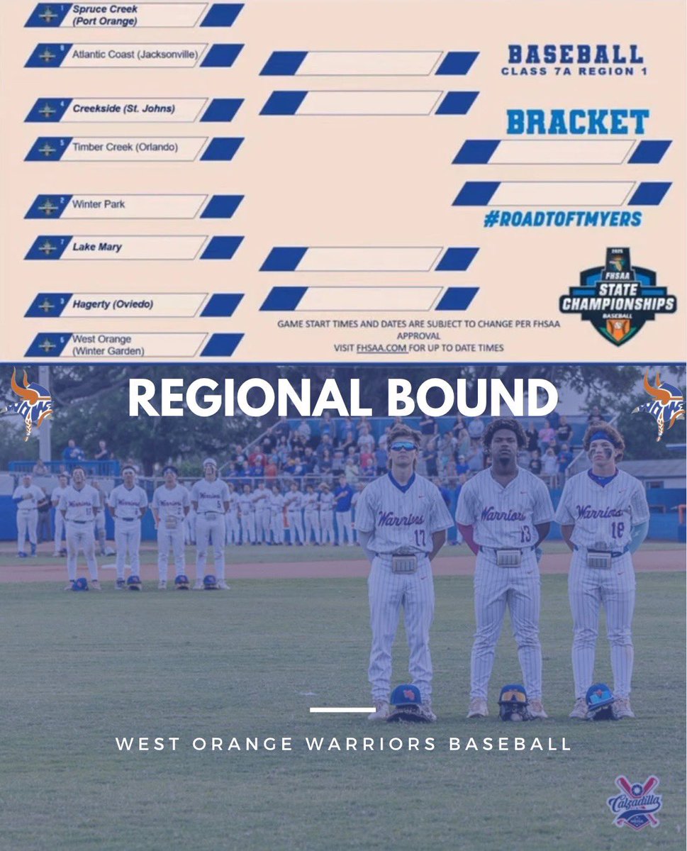REGIONAL BOUND

West Orange Warriors Baseball is headed to the postseason! After an incredible regular season, the Warriors have earned a spot in the FHSAA 7A Region 1 Playoffs, their first playoff appearance since 2022.

They’ll take on Hagerty this Wednesday in the first game