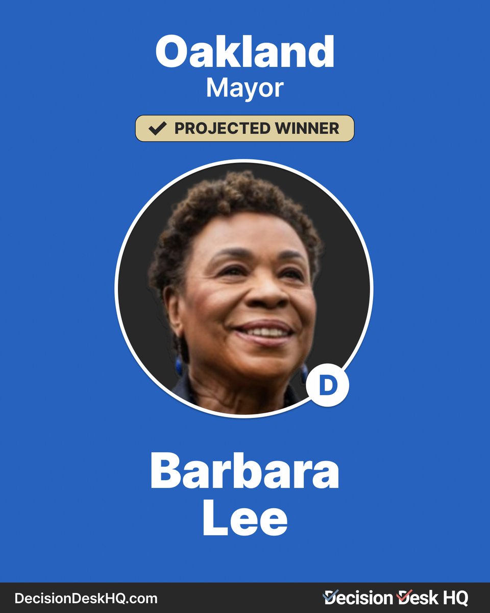 DecisionDeskHQ's tweet image. Decision Desk HQ projects Barbara Lee wins the Oakland, California Mayor Race  #DecisionMade: 8:11 PM EDT