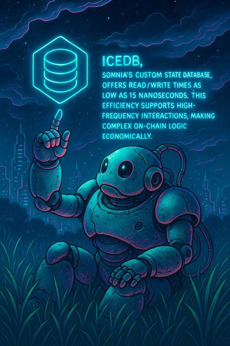 IceDB, Somnia's custom state database, offers read/write times as low as 15 nanoseconds. This efficiency supports high frequency interactions, making complex onchain logic economically.
<a href="/Somnia_Network/">Somnia</a>