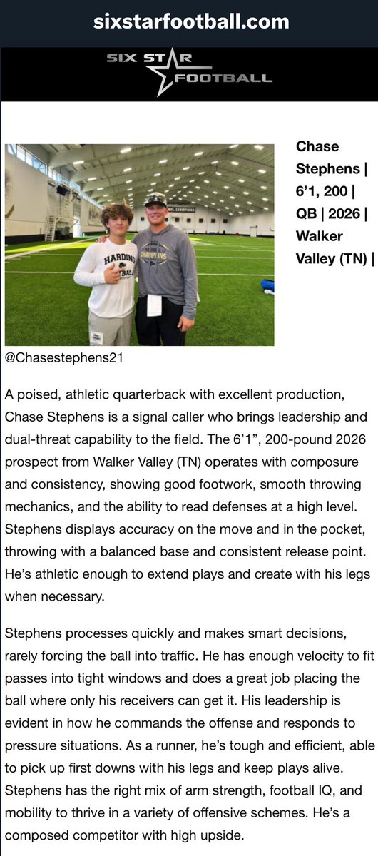 Chase Stephens (@chasestephens21) on Twitter photo Appreciate the write up <a href="/sixstarfootball/">Six Star Football | PLUS+</a> Just getting started‼️
<a href="/Drew_Akins/">Drew Akins</a> <a href="/CoachTPope6/">Tyler Pope</a> <a href="/valley_fb/">Walker Valley FB</a> <a href="/qbc_chattanooga/">QB Country Chattanooga</a> <a href="/TomLoy247/">Tom Loy</a> <a href="/CSmithScout/">Chris Smith</a> <a href="/HSFBscout/">Jake Lemming</a> Appreciate the write up <a href="/sixstarfootball/">Six Star Football | PLUS+</a> Just getting started‼️
<a href="/Drew_Akins/">Drew Akins</a> <a href="/CoachTPope6/">Tyler Pope</a> <a href="/valley_fb/">Walker Valley FB</a> <a href="/qbc_chattanooga/">QB Country Chattanooga</a> <a href="/TomLoy247/">Tom Loy</a> <a href="/CSmithScout/">Chris Smith</a> <a href="/HSFBscout/">Jake Lemming</a>