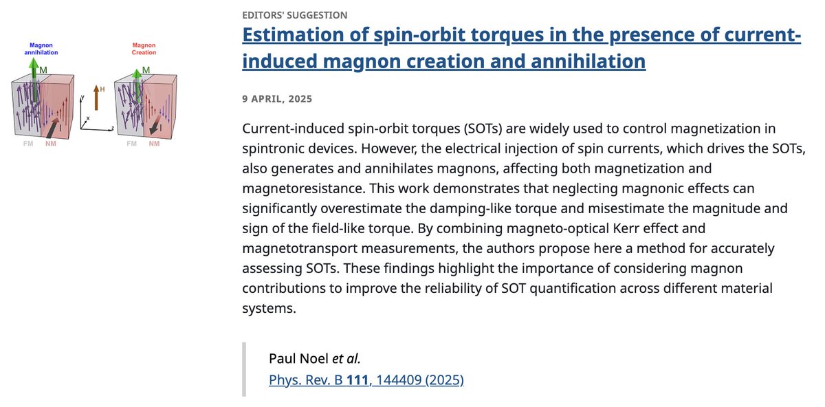 PhysRevB's tweet image. PRB Editors&apos; Suggestion: Estimation of #SpinOrbitTorques in the presence of current-induced #magnon creation and annihilation

P. Noel, E. Karadža, R. Schlitz, P. Welter et al.,
Phys. Rev. B 111, 144409

➡️ go.aps.org/4jtrjiu
#EdSugg @APSPhysics #condmat #physics