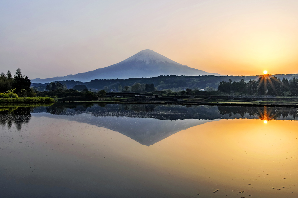 taitan21's tweet image. おはようございます。
水が入った里山の田園からの早朝の富士山風景です！