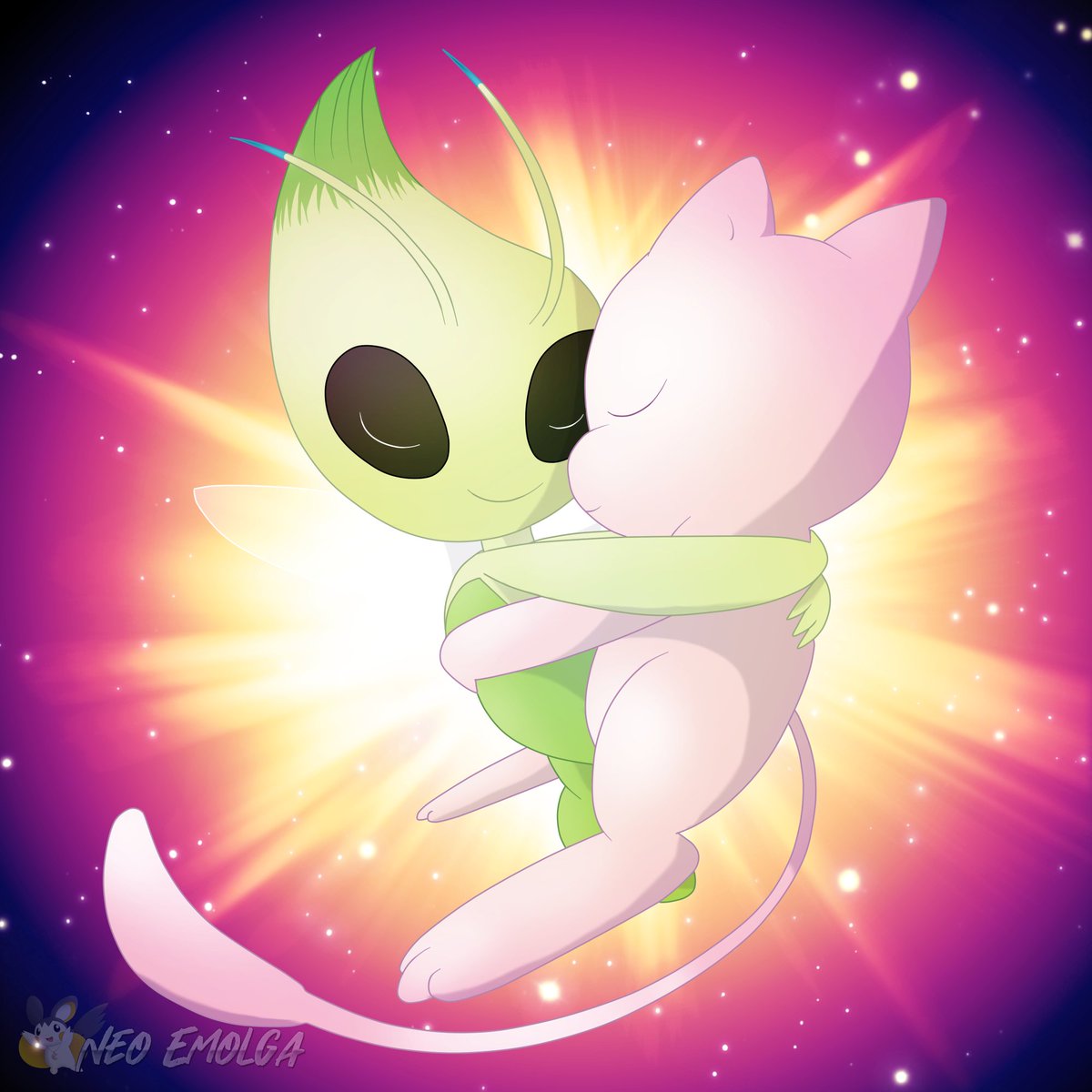 An art request of Celebi and Mew giving each other a hug!
