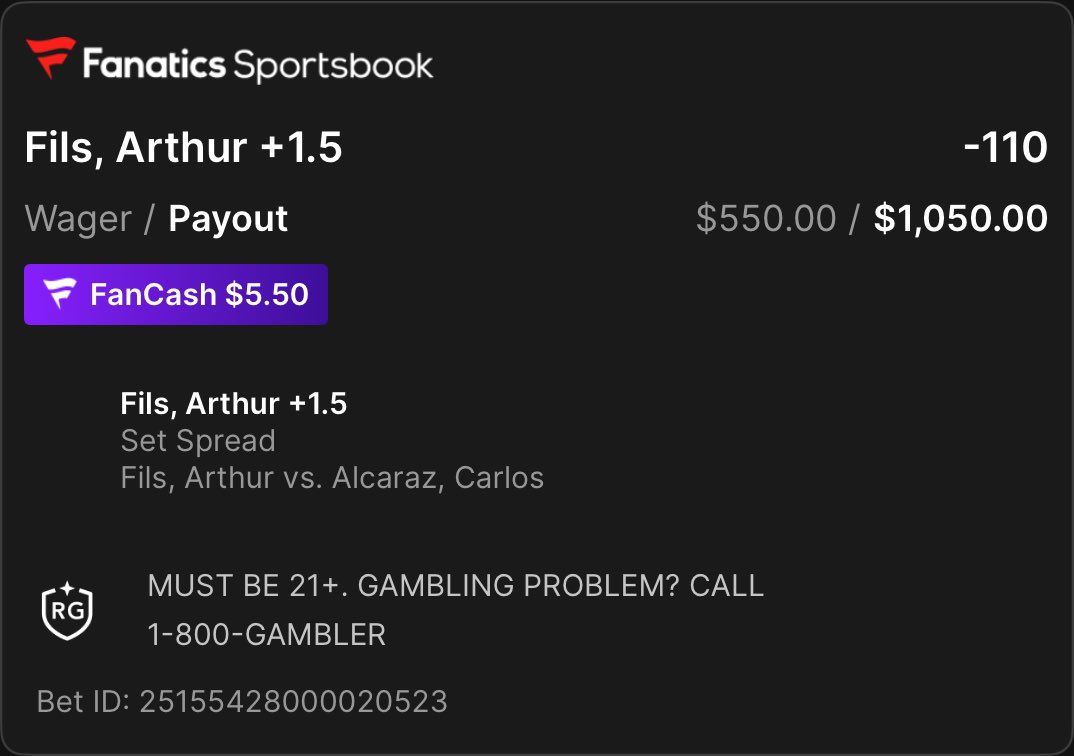 thebaronbets's tweet photo. Arthur Fils +1.5 Sets. 👊

🎩 Trust the process. Get after it. https://t.co/LlWk0hfUBO