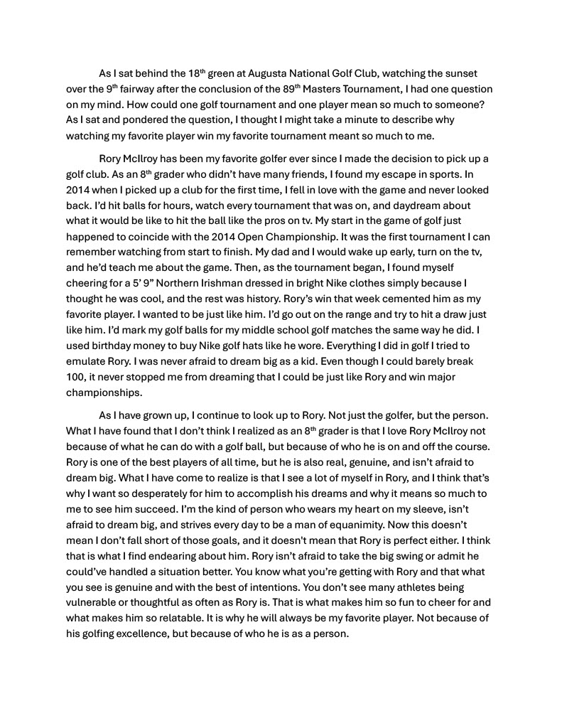 JakeScharff's tweet photo. Had some time this week to reflect on @McIlroyRory winning the Masters and completing the Career Grand Slam. Wanted to take a moment to share why the tournament meant so much to me. Congrats on such an incredible week Rory! https://t.co/MiExFUT66O
