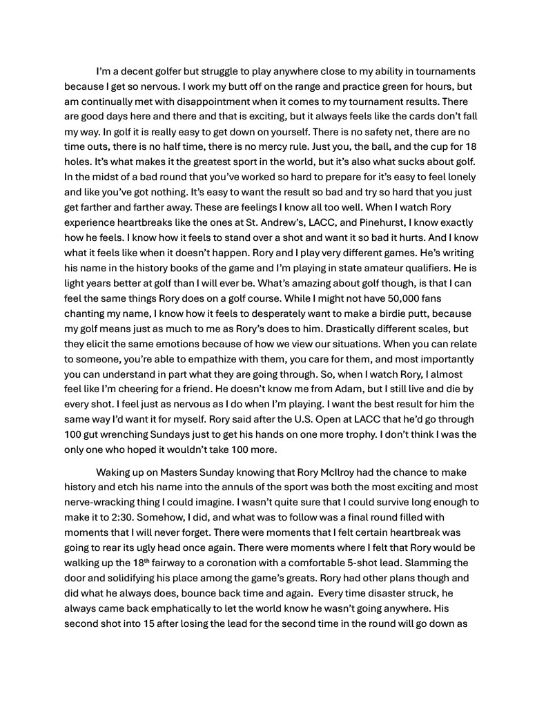 JakeScharff's tweet photo. Had some time this week to reflect on @McIlroyRory winning the Masters and completing the Career Grand Slam. Wanted to take a moment to share why the tournament meant so much to me. Congrats on such an incredible week Rory! https://t.co/MiExFUT66O