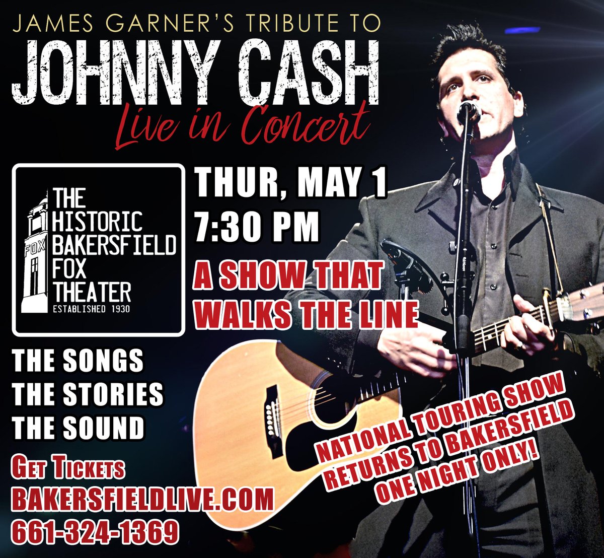 🎸 Celebrate the Man in Black in Bakersfield! 🎤

Join us Thursday, May 1 at 7:30 PM at The Historic Bakersfield Fox Theater for a night of legendary music, stories, and the iconic boom-chicka-boom sound you love.

🎶 All the hits. One toe-tapping night.

🎟️ Get your tickets now