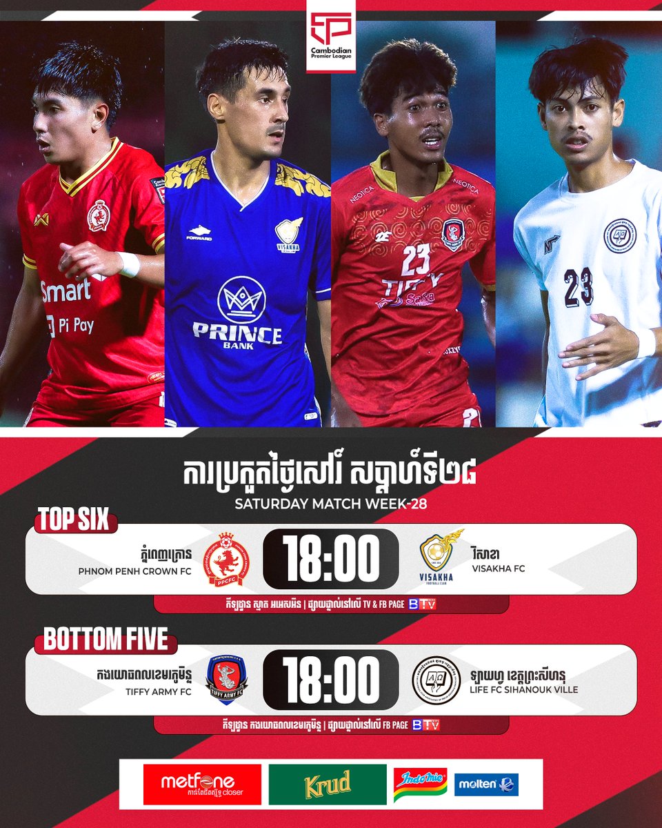 thecpl2024's tweet photo. Cambodian Premier League 2024/25 🏆 2nd Stage
Today Match 🔴 (WEEK28)
Saturday, 19th April 2025 🇰🇭
CPL Telegram: https://t.co/51l2vQiKAP ✅
#CAMBODIANPREMIERLEAGUE #CPL #Saturday #WEEK28 #TOP6 #BOT5 #19APRIL https://t.co/d8Tz3ufmfz