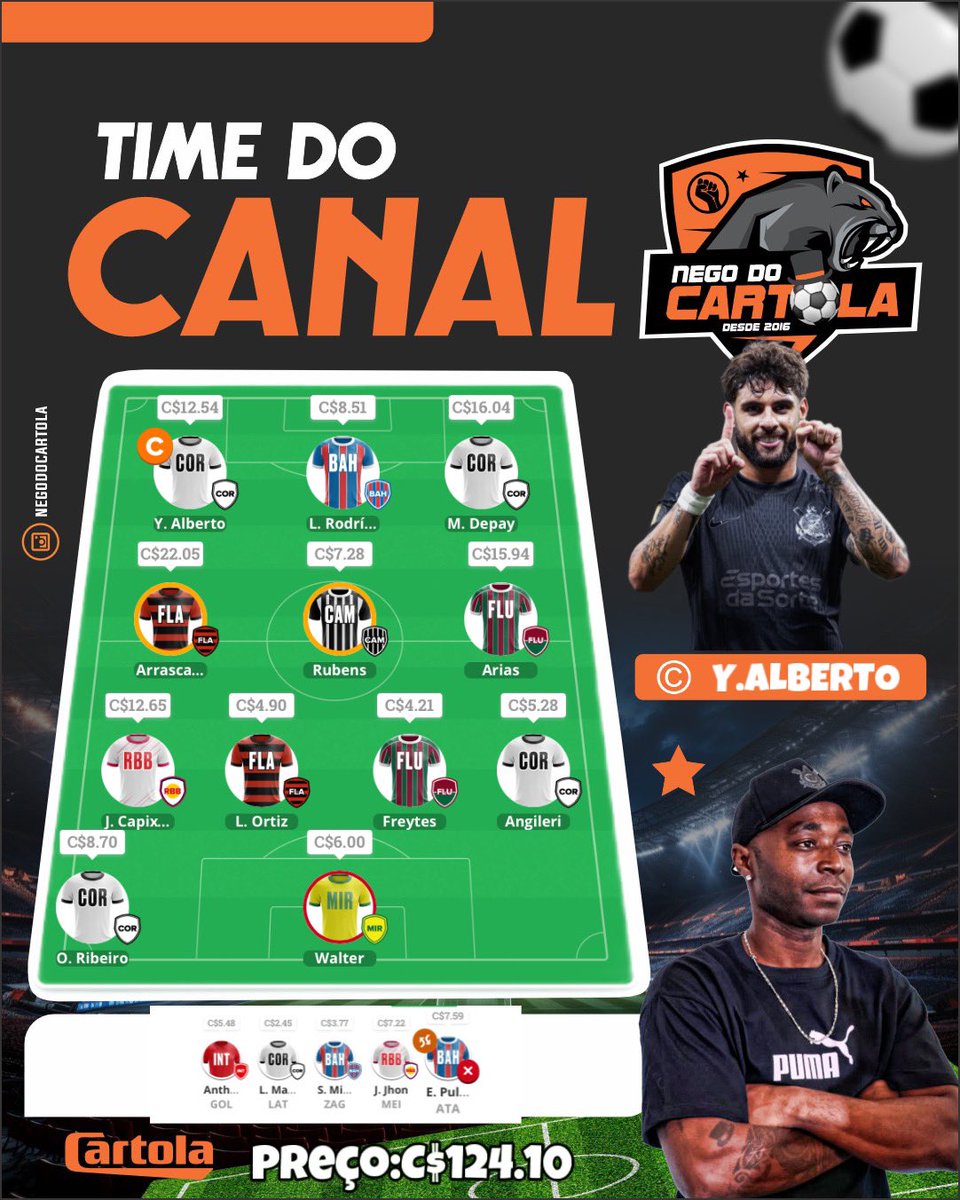 CartolaNego's tweet photo. Time PRINCIPAL ATUALIZADO para 5º rodada do @cartolafc
Preço: C$124.10
#negodocartola
#cartolafc #cartola #cartoleiros
#interclasse #campeão #viralvideos #explorar https://t.co/QfeJAkfW97