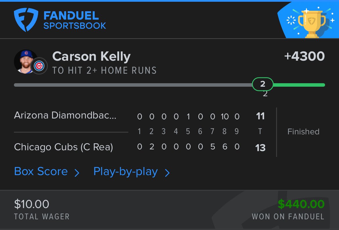 Shmarlay's tweet photo. Carson Kelly what the helly ✅🔥 #GamblingX #mlb #fanduel #picks #GamblingTwitter #GamblingCommunity #dingers https://t.co/nkDEPvVVyf