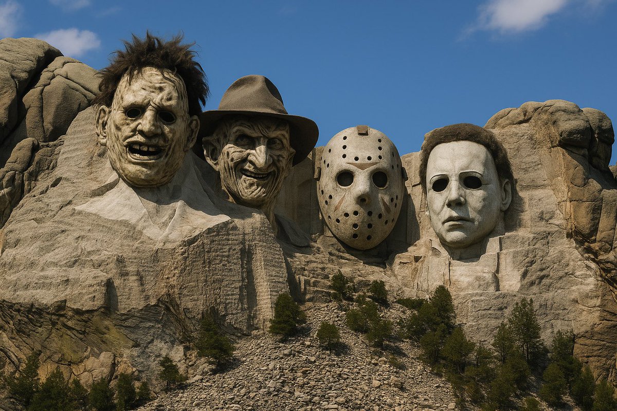 fuGue_tv's tweet image. ChatGPT results “Replace the faces of Mount Rushmore with the best horror movie characters”