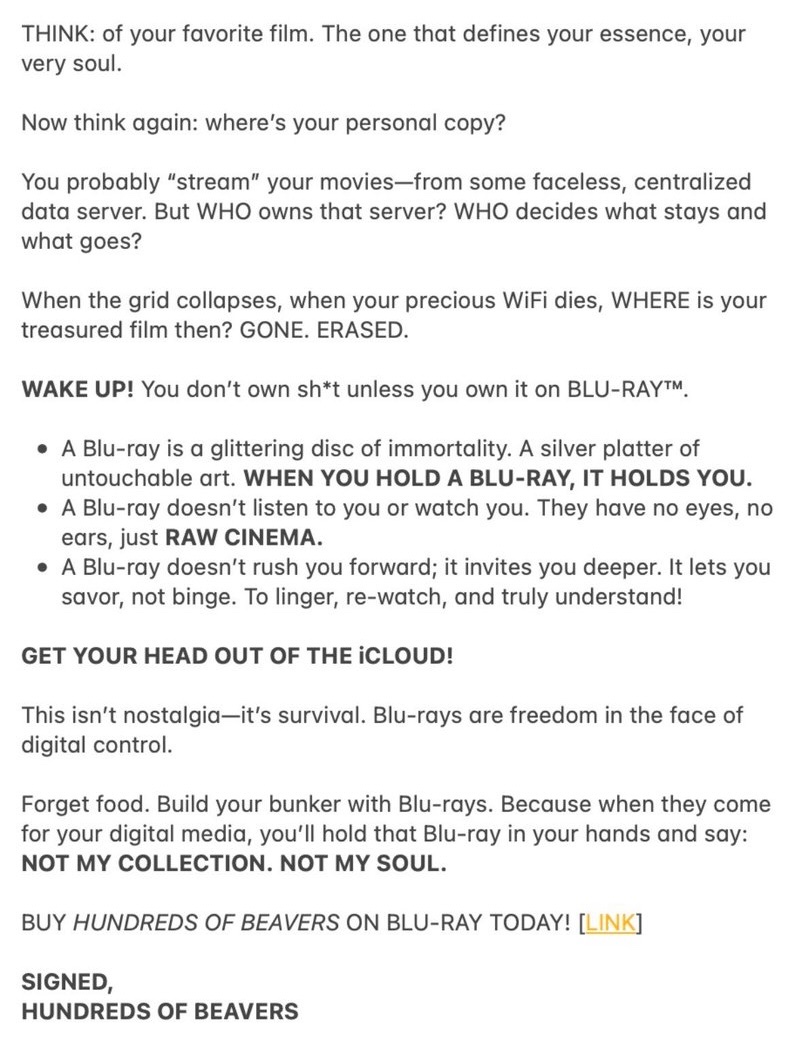 VHSDVDBLURAY4K's tweet image. The most powerfully poetic Physical media Letter from @beaversfilm 🫡