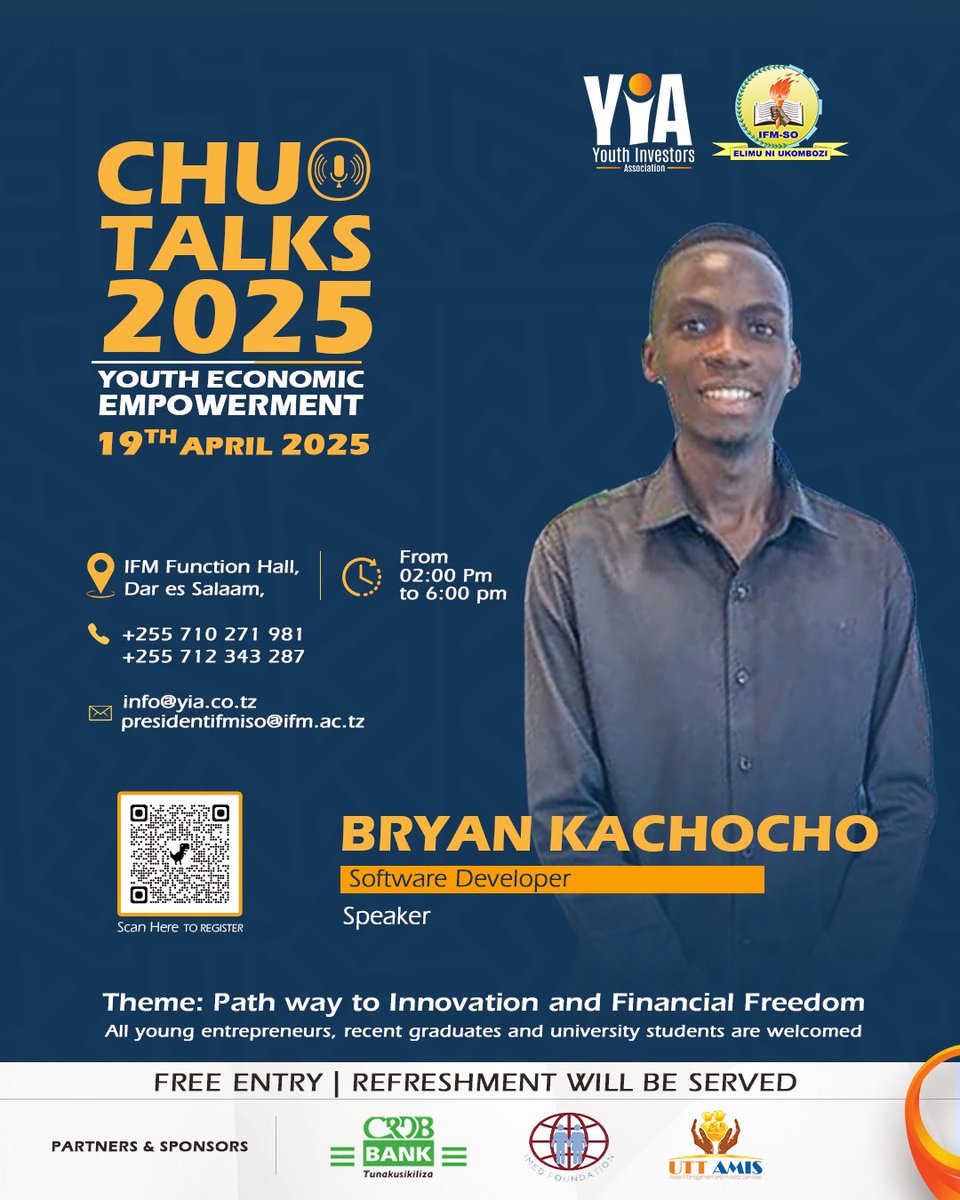 Tutakuwa na Bryan Kachocho, mtaalamu wa Software Development, kama mzungumzaji katika CHUO TALKS 

Kwa vijana wote mnaotamani kuingia kwenye ulimwengu wa teknolojia, ubunifu na uhuru wa kifedha, usikose kupata mafunzo kutoka kwa kijana huyu mwenye uzoefu na maono makubwa.