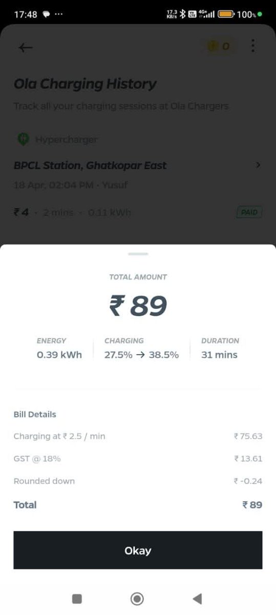 actionmediahere's tweet photo. 89 for just 0.39 kWh?
Charged at Ola Hypercharger, Ghatkopar East — 31 mins, ₹2.5/min = ₹89 for just 11% battery on Ola S1X (4kWh).

That’s ₹8 for 1% charge = barely 1.2 km range.

Is this what we call economical EV adoption?

 #OlaElectric #Hypercharger C.-@ShubhadipDutta5 https://t.co/4TxvLUvRsX