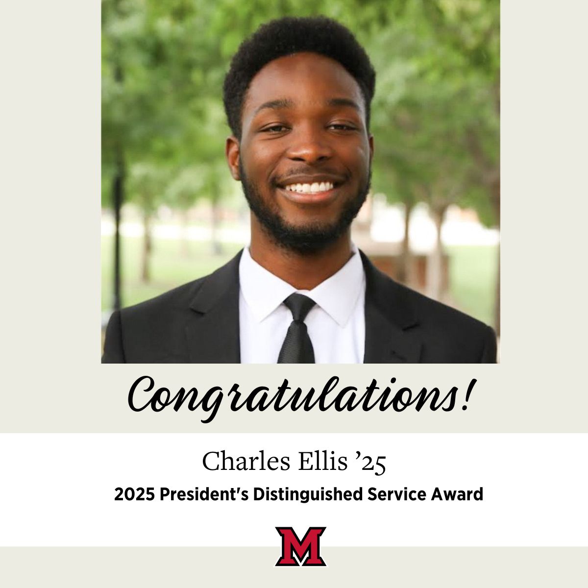 Congratulations to Charles Ellis Jr. '25! Charles, a Biomedical Engineering student with a double major in Premedical and Pre-Health Studies, is one of 19 university-wide recipients of the 2025 President's Distinguished Service Award. 
Learn more: bit.ly/44tF4t2