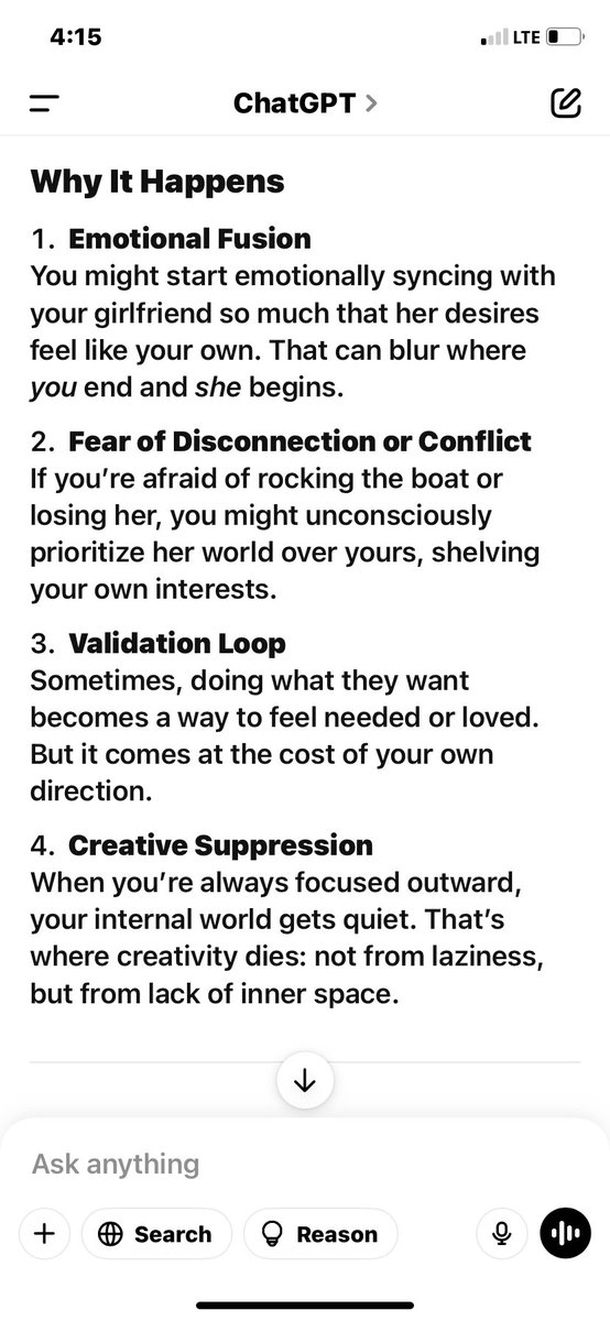 itweetz2's tweet photo. Questions: 
1. “How do you get fixated on something”
2. “What if a fixation like a girlfriend takes over your life and you don’t do creative original ideas, it’s like you just fixate on what she wants to do”

Follow for full chat

#chatgpt #love #therapy https://t.co/VQhJNtXG4g