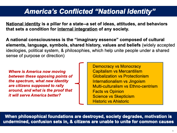 America is being ripped by leaders who are failing to identify the ties that bind us, the overarching values we share, and what we stand for as a nation. Absent a winning, true, and inspiring national identity we can all rally behind, America will be less than it could be.