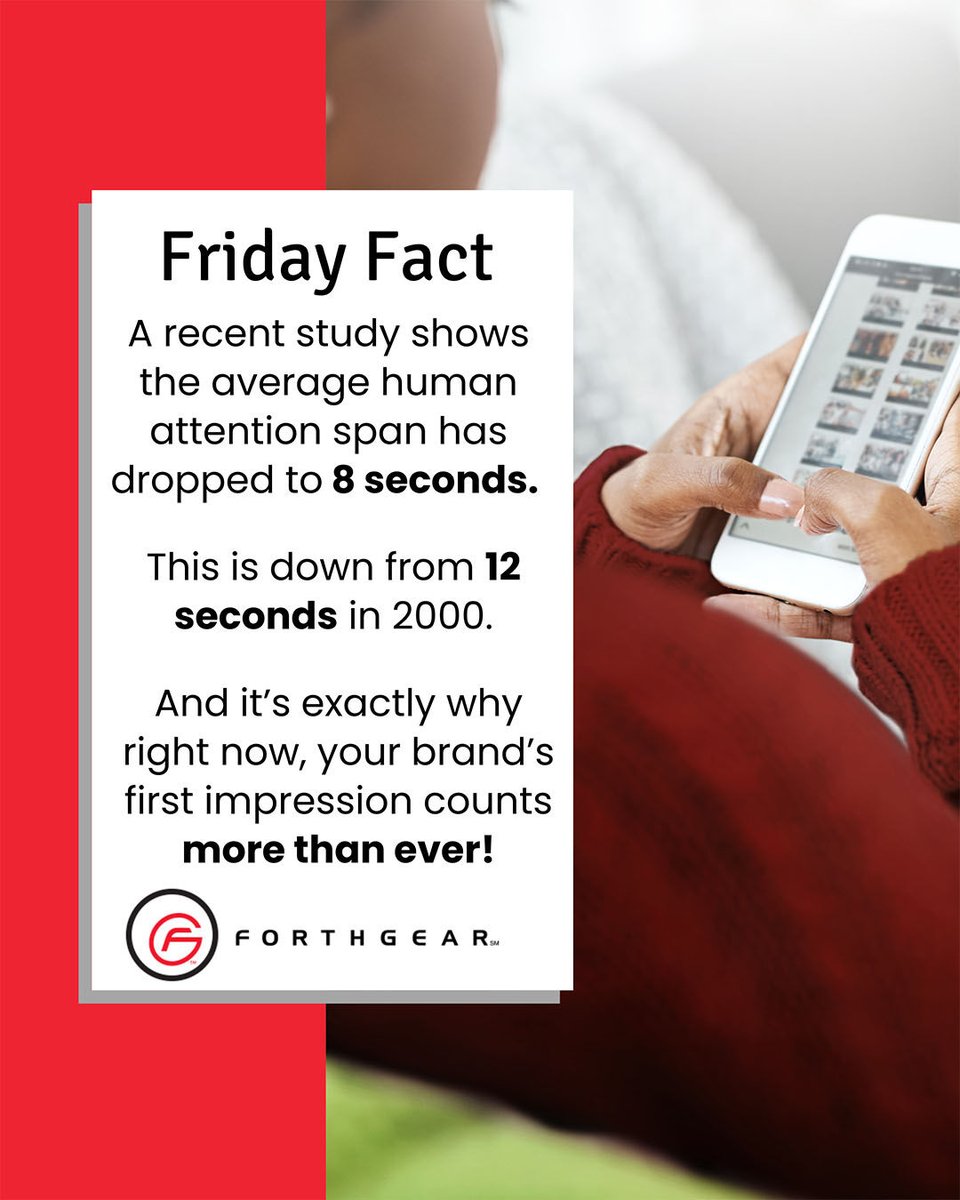FORTHGEAR's tweet photo. A study by Microsoft found that the average human attention span has dropped to 8 seconds (down from 12 seconds in 2000). This is why your brand’s first impression has to count more than ever. ⚡

#FridayFact #Forthgear #ShorterAttentionSpan #BrandAwareness #EngageYourAudience https://t.co/4U6FHgJzTc