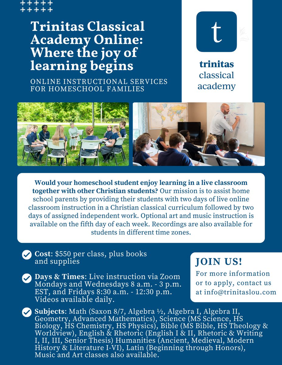coliewhit's tweet photo. Registration is open for Trinitas Classical Academy Online!

With summer just around the corner, it is a great time to make decisions on your children's schooling for the fall! 
For more information or to sign-up now, click the link below.

SIGN-UP: https://t.co/j9lTQ12tDH https://t.co/E3Z8xMckGK
