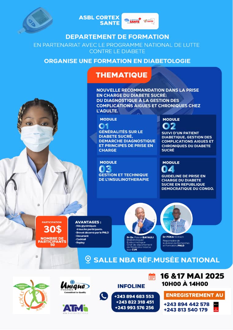 CortexSant243's tweet photo. **Bonne nouvelle !**
De plus, le *PNLD* mettra à disposition de tous les participants un *kit glycémique après la formation*, ce qui accroît les avantages de votre participation. 
⚡ *Infos uniquement aux :*
+243 894 683 553
+243 822 318 451
+243 993 576 256
Cordialement https://t.co/nadkQ8rbVU