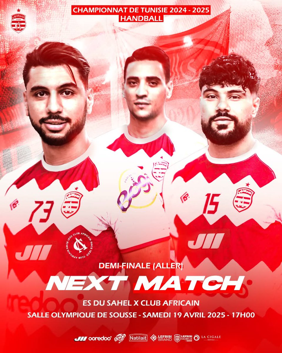 clubafricain's tweet photo. #Handball 🤾‍♂️𝙽𝙴𝚇𝚃-𝙼𝙰𝚃𝙲𝙷🤾‍♂️
Etoile Sportive du Sahel 🆚 #ClubAfricain 🔴⚪
#ESSCA 
🕔 | 17H - Samedi 19 Avril 2025
🏟 | Salle Olympique de Sousse 
🏆 | Championnat Elites Hommes - Demi Finale championnat aller
#ForzaCA 🇵🇪 #الإفريقي_تعيش https://t.co/ItbXfAMDqj